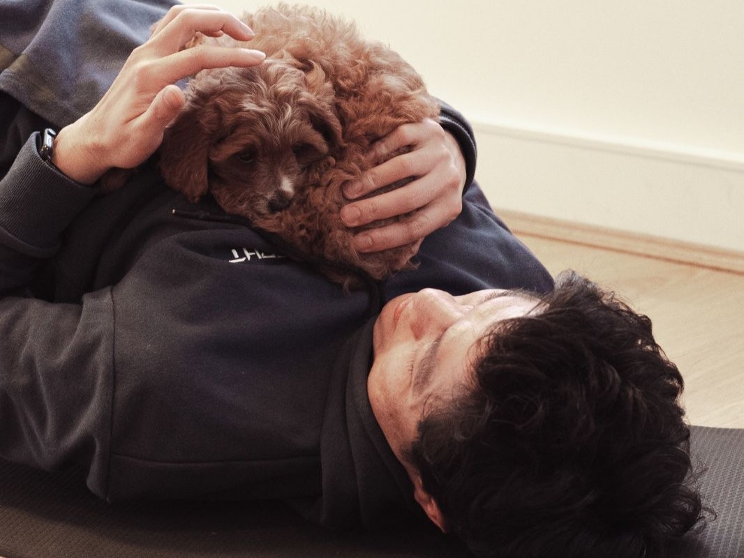 Man lying on a mat smiling as an apricot cavapoo puppy nestles on his shoulder during puppy yoga