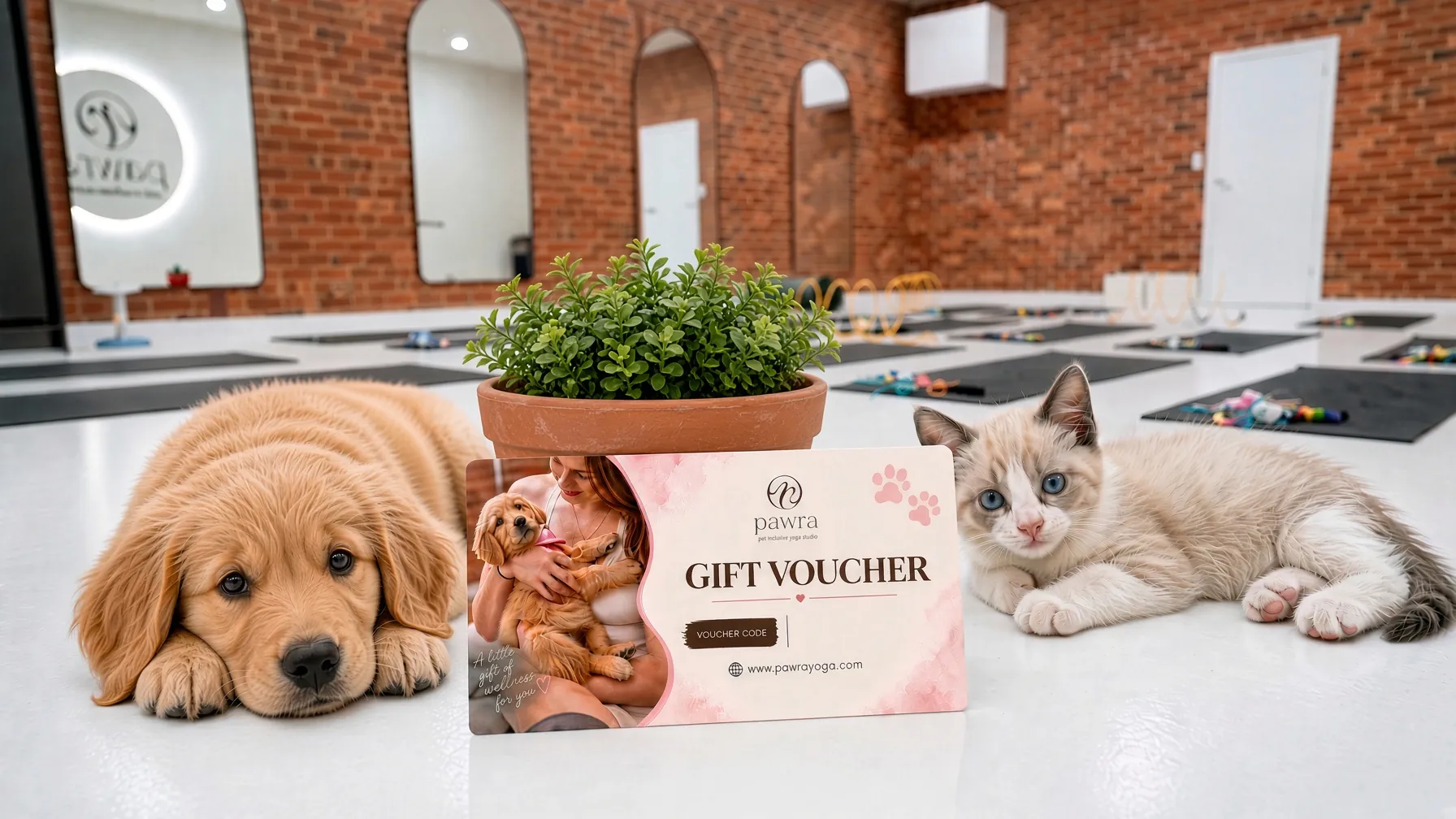 Golden retriever puppy and a fluffy kitten lying either side of a Pawra Yoga gift voucher on the floor of the South Melbourne studio